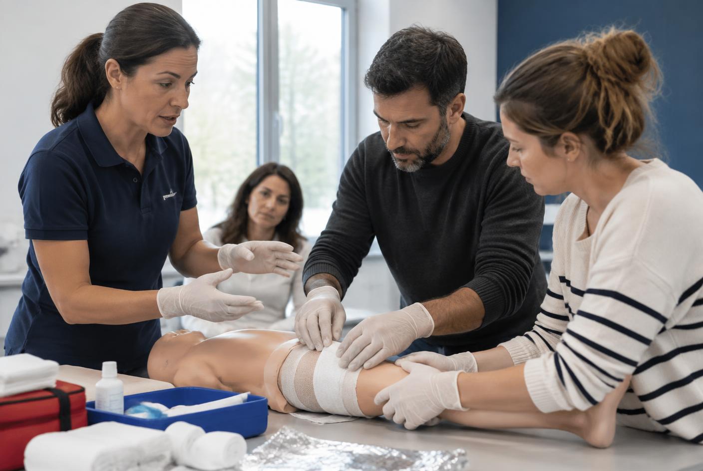 Un couple apprend les gestes de secours sous la conduite d’une formatrice