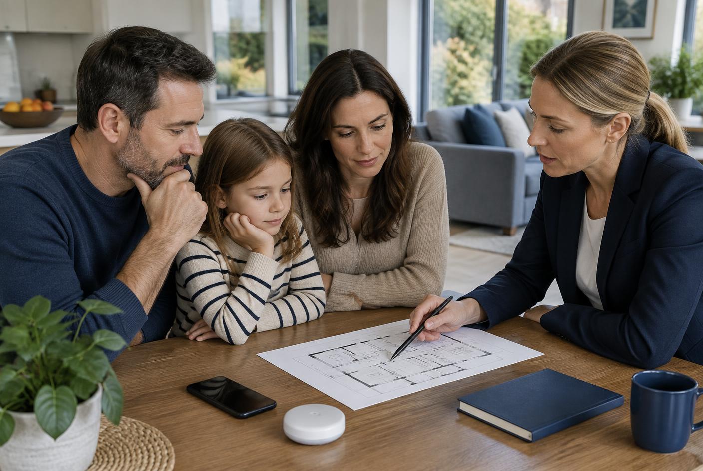 Une famille échange sur la sécurité du domicile avec une formatrice